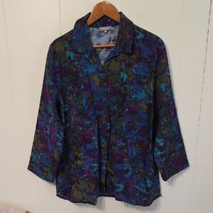 Vtg Habitat Lagenlook Art to Wear Abstract Jewel Tones Button Up Shirt Womens XL